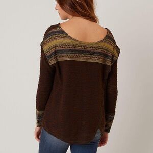 Gimmicks by BKE Boho Textured Knit Top Brown Multicolor Striped Trim Size Small